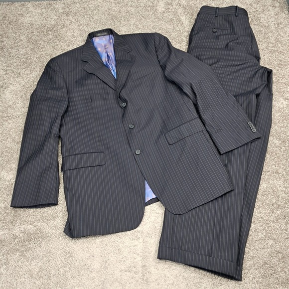 Jean John Mens Wool Pinstripe Suit 3-Button Blazer Pleated Cuffed Pants 36x32